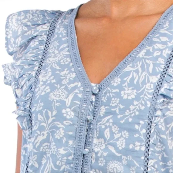 NWT Lucky Brand Lace Trim Ruffle Shoulder Flounce Floral
Mini Dress Size Large - Picture 1 of 13